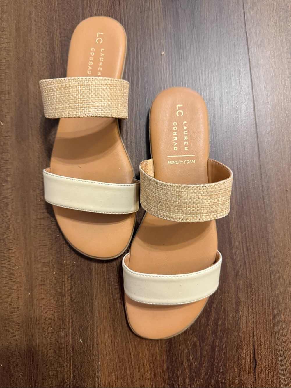 LC Lauren Conrad Cream and Tan Two-Strap Slide Sandals